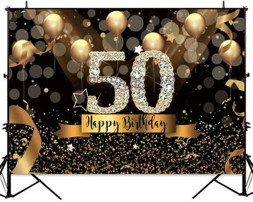 Miniatura 2 de Sensfun Fondo de fotografía para fiesta de cumpleaños número 50 de 7 x 5 pies, con purpurina, globos negros y dorados para mujer, fabulosa