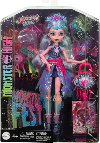 Miniatura 6 de Monster High Muñeca Monster Fest, Lagoona Blue con atuendo glamoroso y accesorios temáticos de festival como aperitivos, póster de banda, bolsa