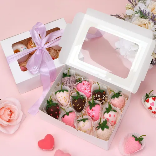 Miniatura 5 de Moretoes 48 cajas de galletas con ventana, 8 x 6 x 2.5 pulgadas, cajas de 3 estilos para pastelería, fresas cubiertas de chocolate, dulces