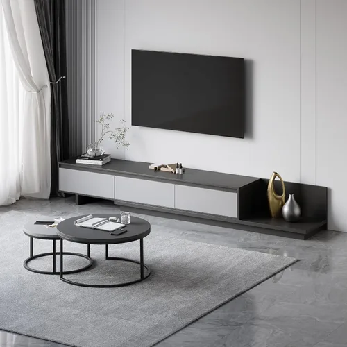 Miniatura 7 de homary Soporte de TV extensible y mesa auxiliar anidable, centro de entretenimiento moderno de 2 piezas con cajones para sala de estar