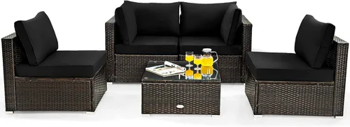 Miniatura 15 de Tangkula Juego de 6 piezas de mimbre para patio, juego de sofá de ratán para exteriores con mesa de fuego de propano de 32 pulgadas, calor de 50,000