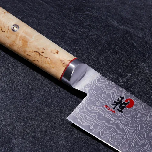 Miniatura 3 de Miyabi Birchwood SG2 Cuchillo de chef japonés, 8 pulgadas, cuchillo de cocina de chef, mango de abedul kárelio, patrón de damasco floral de 100