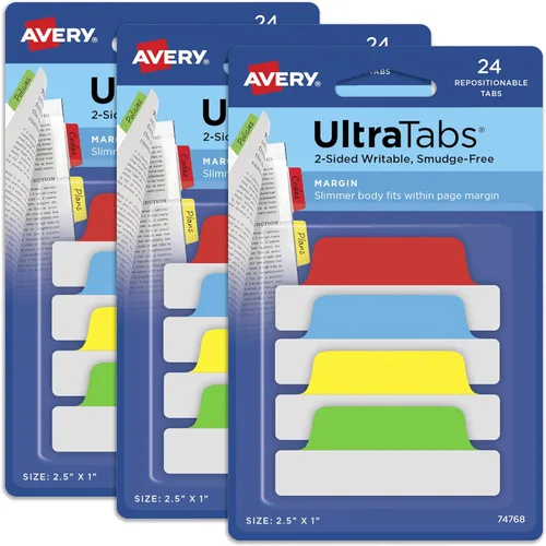 Miniatura 15 de Avery, pestañas para margen Ultra, 2.5 pulgadas x 1 pulgada, escritura en ambos lados, varios metálicos, 24 pestañas de página reposicionables