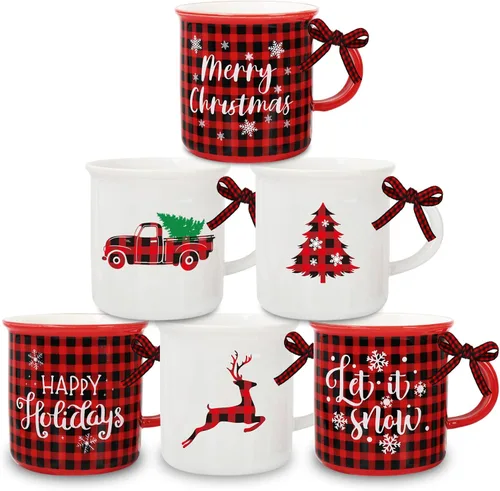 Whaline 6 tazas de café de Navidad con cinta, color rojo y negro, a cuadros, camión, reno, árbol de Navidad, bandeja escalonada, decoración para