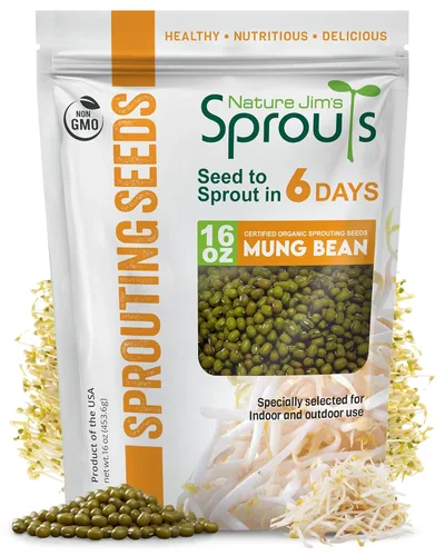 Nature Jims Mung Bean Sprout Seeds – Semillas germinantes de 16 onzas – Semillas de frijol Mung Premium – Sin OMG – Bolsa resellable para una