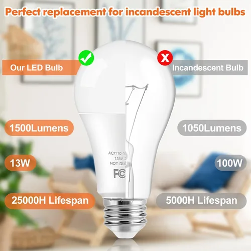 Miniatura 4 de Bombillas LED, bombillas LED A19 equivalentes a 100 W, 13 W, 2700 K, blanco cálido, 1500 lúmenes, no regulables, brillantes, E26 Edison bombillas