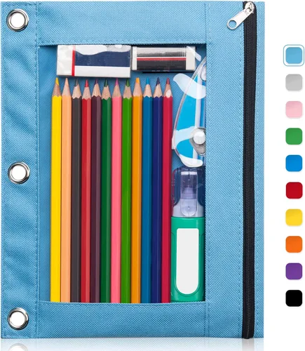 Miniatura 10 de Forvencer Estuche para lápices de 3 anillas, estuche transparente con cremallera suave, bolsa de lápices de gran capacidad con 3 ojales reforzados