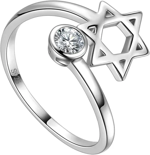 Jewmon Anillo de plata de ley con estrella de David para mujer – Anillo ajustable Magen David – Amuleto Wicca – Regalos judíos