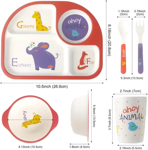 Miniatura 6 de Set de alimentación para niños 5 piezas, juego de vajilla para niños pequeños incluye plato, tazón, taza, tenedor y cuchara, juego de cubiertos
