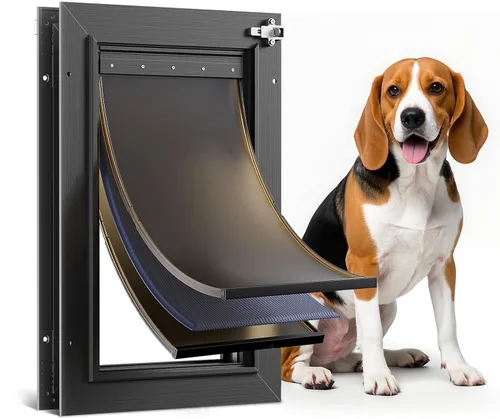 Miniatura 10 de Puerta de perro para puerta totalmente de aluminio con 3 solapas negras, puerta para perros grandes, puerta resistente para mascotas para perros