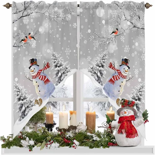 Miniatura 23 de BEMIGO Cortinas de cocina de Navidad, lindas cortinas de granja con muñeco de nieve azul, cenefa con bolsillo para barra de copos de nieve