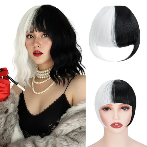 Miniatura 9 de Extensiones de cabello sintético con clip, flequillo francés, con sienes, color marrón ceniza, flequillo falso natural con clip para mujer, uso
