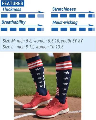 Miniatura 7 de Calcetines atléticos hasta la rodilla con la bandera estadounidense para béisbol, fútbol, sóftbol y fútbol