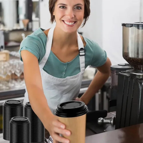 Miniatura 3 de Eaasty Paquete de 500 tapas desechables para tazas de café de 3.543 in, tapas planas negras calientes para tazas de papel de 10, 12, 16, 20 onzas, a