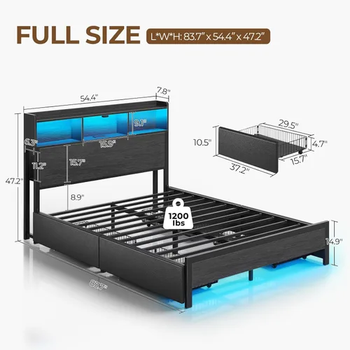 Miniatura 3 de Rolanstar Base de cama matrimonial con almacenamiento, plataforma de 4 cajones con estación de carga USB, luces LED integradas y cabecero