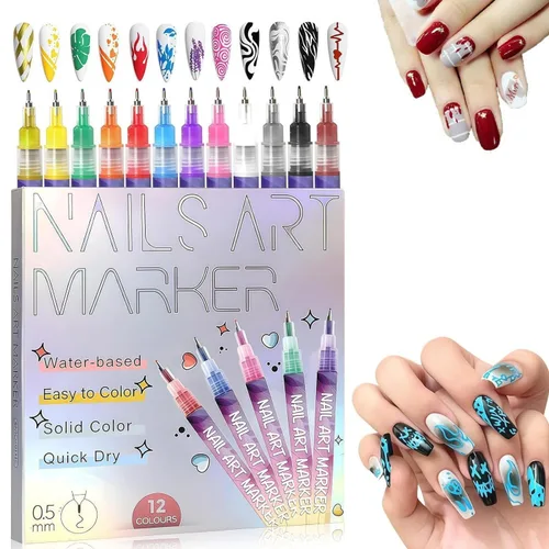Juego de bolígrafos de uñas de punta fina de 12 colores, herramientas de bolígrafos de arte de uñas, marcadores de diseño de uñas de 0.020 in para