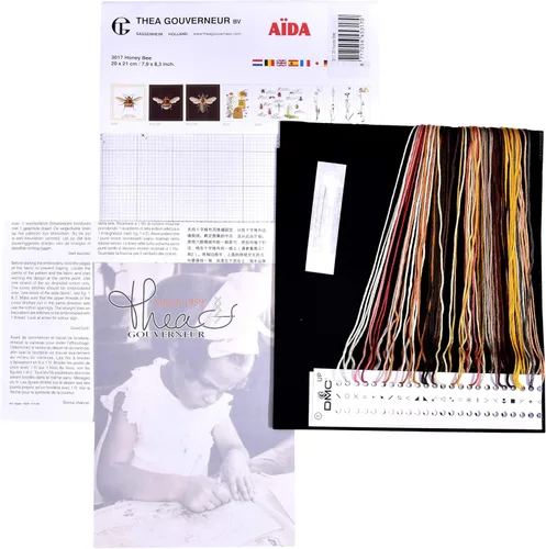 Miniatura 3 de Thea Gouverneur - Kit de punto de cruz de abeja miel, 16 unidades, color negro Aida, kit completo de bordado para adultos, incluye hilos DMC. Aguja