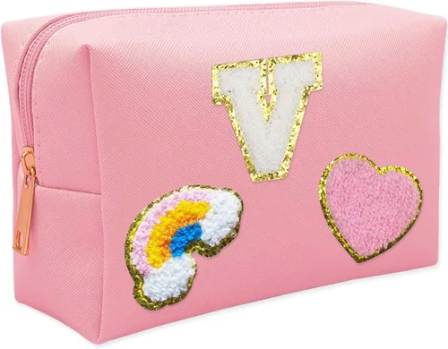 Miniatura 11 de Bolsa de Maquillaje Preppy, Estuche de Lápices de Cuero PU Premium Impermeable Bolsa de Cosméticos con Sonrisa Corazón Arcoíris Bonita Bolsa