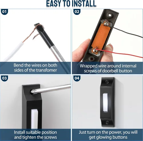 Miniatura 7 de Enhon Botón de timbre de puerta de metal, timbre con cable de luz LED resistente, botón sólido montado en la pared para el hogar, garaje, Negro mate