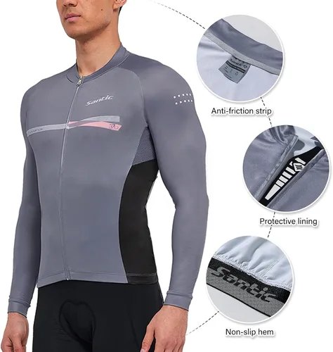 Miniatura 74 de Santic - Camiseta de ciclismo para hombre, manga larga, reflejante, cremallera completa, con bolsillos