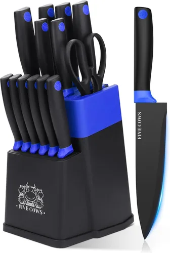 Juego de 14 piezas de cuchillos de cocina con bloque y afilador de acero inoxidable alemán de alto carbono, cuchillos de chef afilados como navaja y
