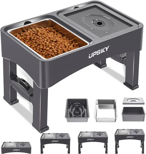 UPSKY Cuencos elevados 3 en 1 para perros, comedero lento, soporte ajustable, dispensador de agua sin derrames, tazón de acero inoxidable para D-3