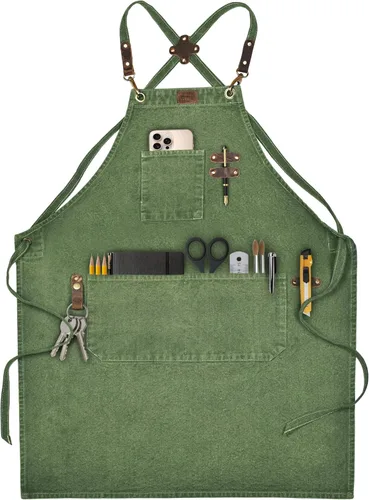 LEATHER VILLAGE Delantales de chef para hombres y mujeres con bolsillos grandes, delantal de trabajo ajustable de lona de algodón con espalda Verde