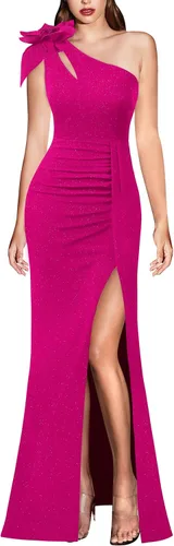 VFSHOW Vestido largo formal de fiesta con un hombro descubierto para mujer, diseño de flores 3D, vestido de noche con abertura dividida