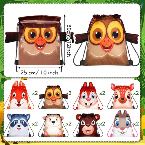 Miniatura 2 de Hillban 16 bolsas de animales con cordón para niños, mochila con cordón para fiestas de niños, con oreja, para cumpleaños de safari (estilo bosque)