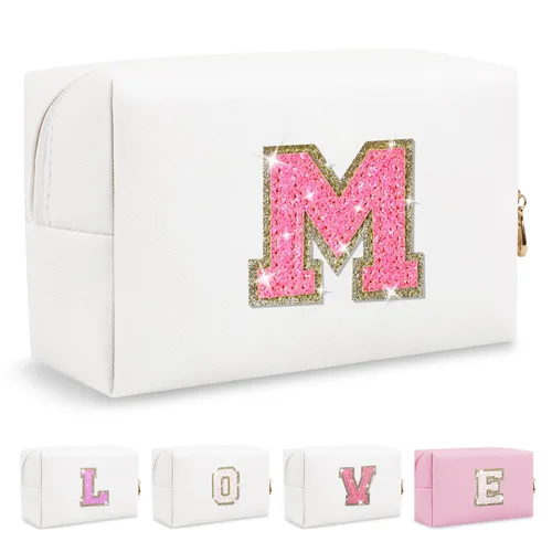 Miniatura 417 de Pequeña bolsa de maquillaje personalizada con inicial A-Z Preppy Patch, bolsa de cosméticos de viaje de felpilla blanca con cremallera, bonita bolsa