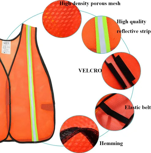 Miniatura 2 de SIFE Paquete de 10 chalecos de seguridad reflectantes de alta visibilidad, hechos de tela de malla transpirable y naranja neón con diseño elástico