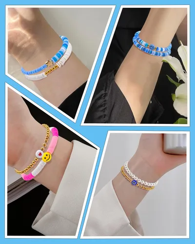 Miniatura 4 de Preppy Heishi - Juego de pulseras de surfista para niñas adolescentes, bonitos aretes estéticos, anillos estéticos preppy coloridos de oro blanco