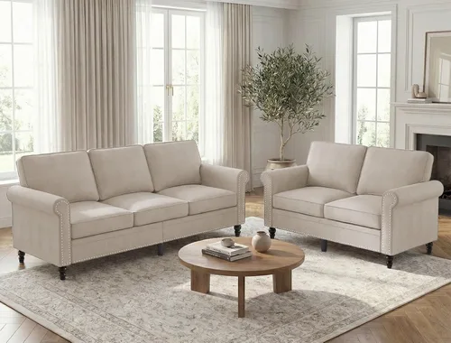 Miniatura 9 de BALUS Couches Sofa Set for Living Room, Couch Sofa with Wooden Sofa Legs, Linen Living Room Furniture with Nailhead Trim, 6" Cushion, Sectional