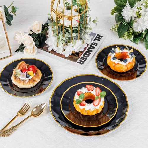 Miniatura 7 de supernal 60 piezas Platos de Cumpleaños Negros y Dorados Platos de Plástico para Fiestas y Platos Desechables Elegantes Platos Festoneados