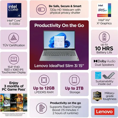 Miniatura 2 de Lenovo IdeaPad Slim • Portátil con pantalla táctil FHD de 15,6 pulgadas • Intel Core i5-1335U (10 núcleos) • 16 GB DDR4RAM • SSD de 1 TB • Obturador