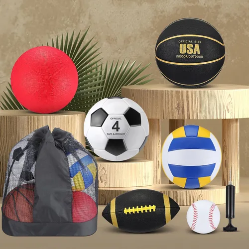 Miniatura 4 de Realspring Juego de 6 pelotas deportivas múltiples para niños y adolescentes, tamaño oficial, fútbol, voleibol, pelota de juegos infantiles, béisbol