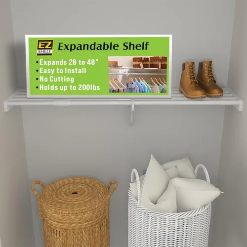 EZ Shelf - Estante extensible para armario de bricolaje (sin barra para colgar) - 28" a 48" - Blanco - Fácil de instalar en 2 paredes laterales -
