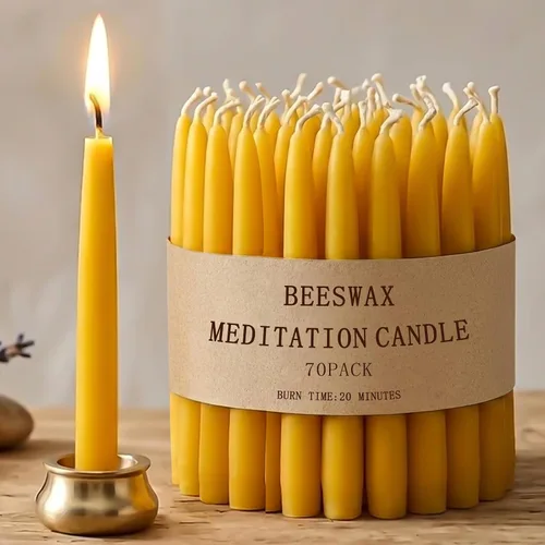 70 piezas de velas de cera de abeja de 30 minutos para meditación, mini velas cónicas con portavelas de latón, vela de oración para regalo de yoga y