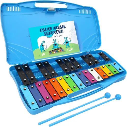 MINIARTIS Glockenspiel Xilófono | Xilófono de 25 notas con teclas metálicas coloridas para niños | Instrumento musical de percusión | Juguete Azul