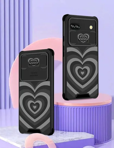 Miniatura 4 de Funda para Google Pixel 6A con diseño de corazón para niñas y mujeres, diseño único de moda negra con funda de cámara deslizante, fundas estéticas