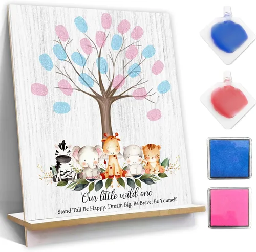 Xendelow Cartel de árbol de huellas dactilares de animales de la selva Our Little Wild One, juegos de revelación de género para invitados, ideas