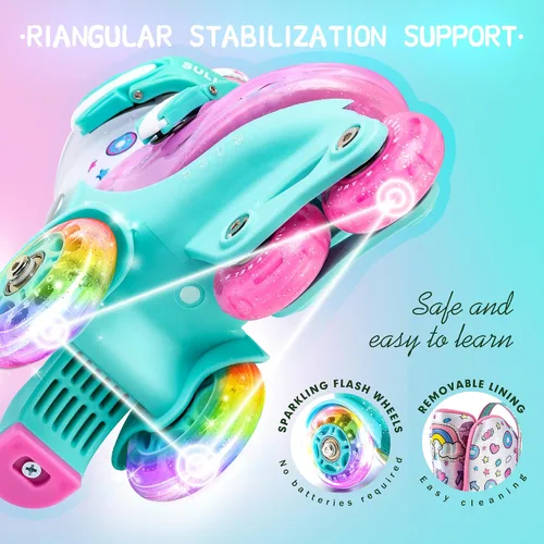 Miniatura 2 de SULIFEEL Patines ajustables para principiantes con rodilleras de unicornio arcoíris verde y rosa