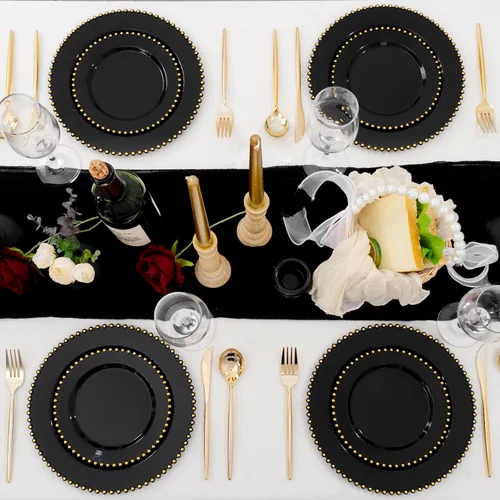 Miniatura 8 de supernal 100 piezas Platos de plástico negros y dorados, platos desechables negros, suministros de fiesta de Halloween que incluyen 50 platos