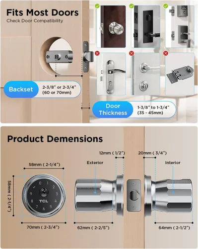 Miniatura 3 de TCL K1 - Pomo de puerta inteligente de huellas dactilares, entrada biométrica sin llave de 0.3s, acceso 4 en 1 con control de aplicación