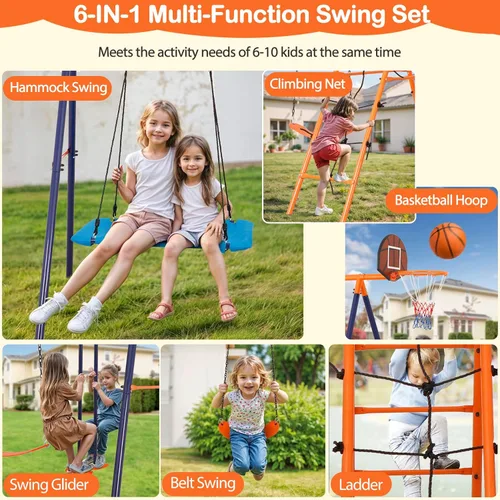 Miniatura 2 de SUPER DEAL Juego de columpios para exteriores para niños, juego de metal con columpios ajustables, escalera de escalada y redes, columpio