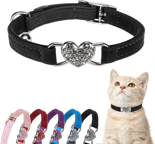 Miniatura 11 de BINGPET collar ajustable para gatos, de terciopelo suave, seguro, collares Bling diamante con cascabel, Adjustable, Rosado claro Rosa