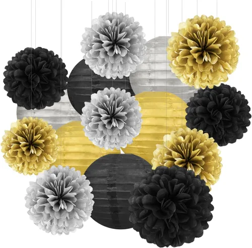 Decoraciones de fiesta de color negro, plateado y dorado, 15 piezas de flores de papel, pompones de papel, faroles de papel, decoración colgante de