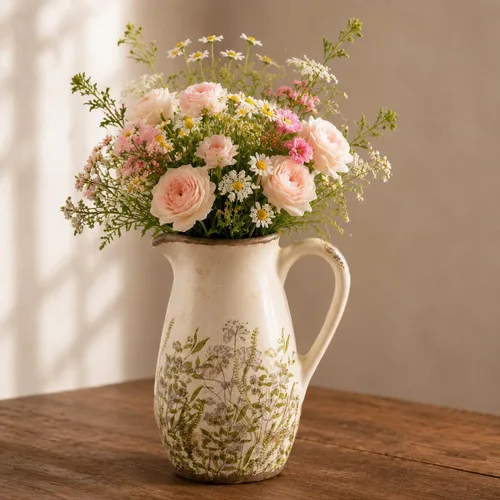Jarrón Pitcher de Cerámica Vintage Verde y Beige con Asa, Jarrón Decorativo Floral Estilo Granja, Centro de Mesa Rústico para Decoración del Hogar,