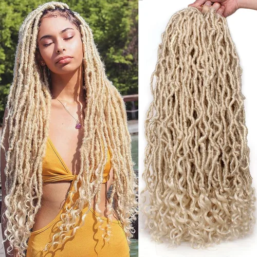Miniatura 14 de Leeven 7 paquetes de rastas sintéticas con extremos rizados de 18 pulgadas, rastas de diosa preenrolladas para cabello de ganchillo, 84 hebras 1b#