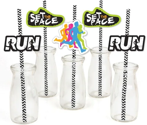 Big Dot of Happiness Set The Pace - Pajitas decorativas a rayas para correr o fiestas de maratón - Juego de 24 pajitas decorativas de papel
